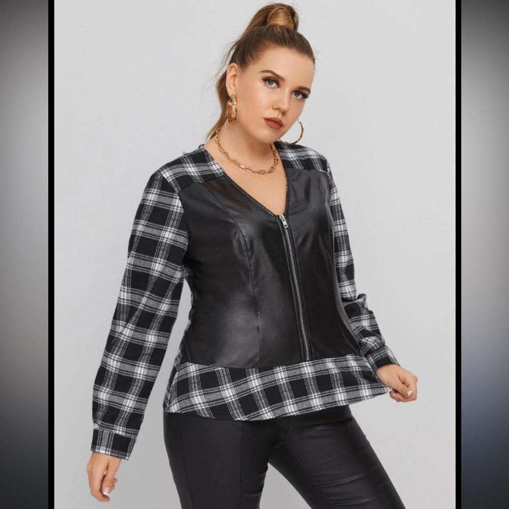 Leather plaid zip top 2X